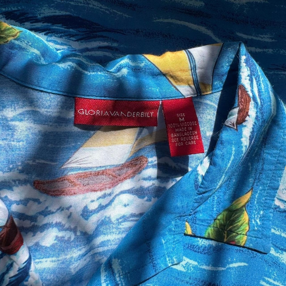 Vintage Hawaiian Shirt Women's Size Medium Gloria Vanderbilt Blue Palm Tree - Picture 7 of 8
